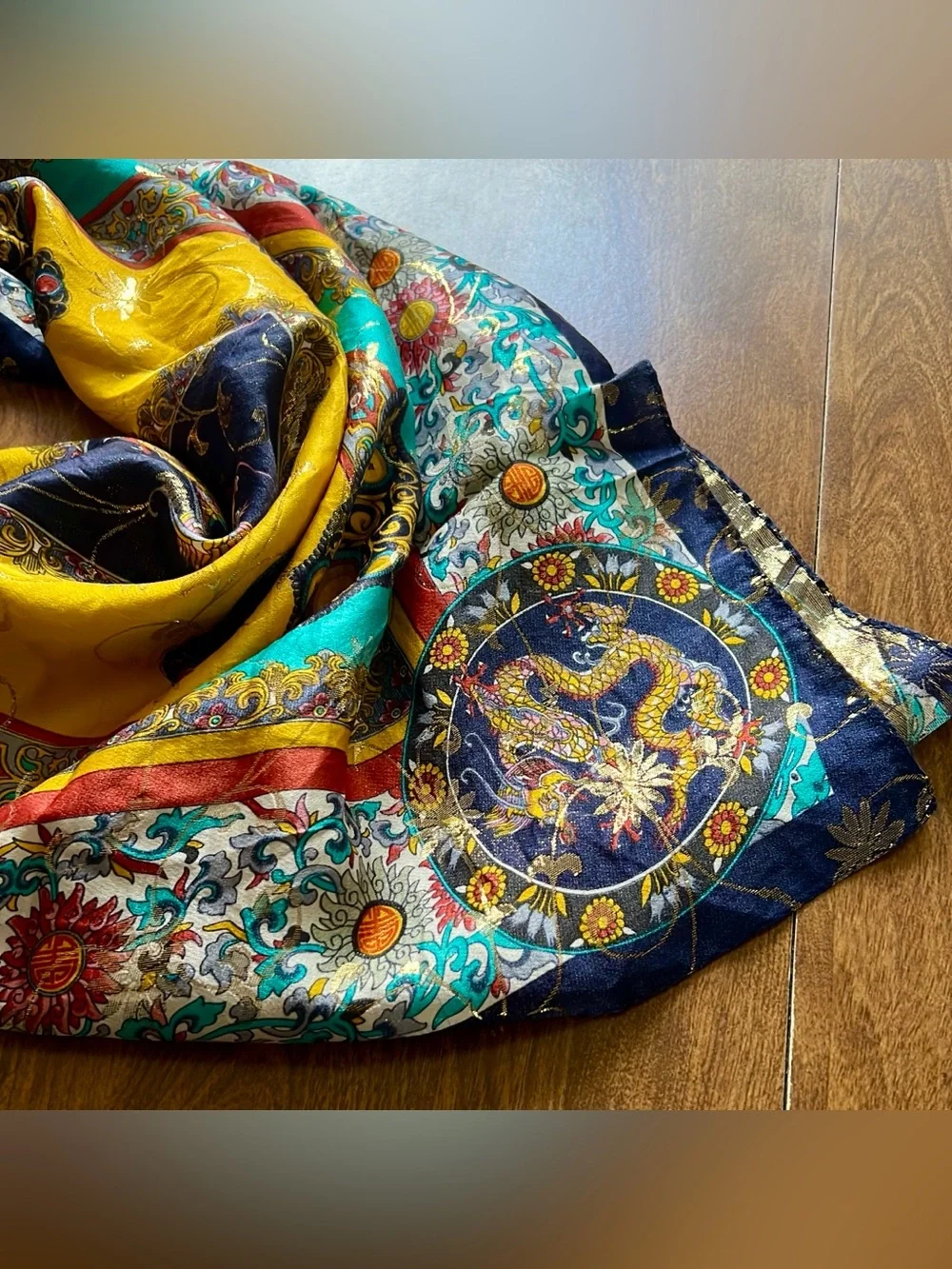 Vintage Large Square Chinese Dragon Flower Pattern Multicolored 100% Silk Scarf